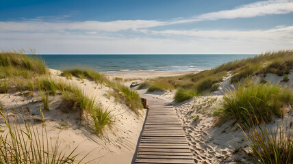 Serene Seaside Retreat ,Tranquil Beach with Wooden Boardwalk, Tall Grasses