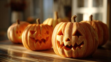 Spooky season is here!  Carved pumpkins with jack-o'-lantern faces sit on a wooden surface, bathed in warm light.