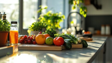 Fresh fruits and vegetables on a kitchen counter.