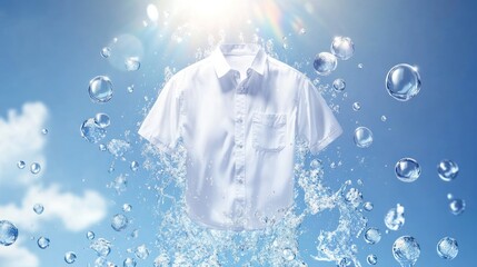 Clean white shirt with water splash and bubbles against blue sky