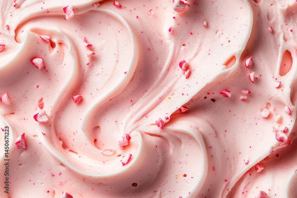 Poster close-up of pink frosting with decorative sprinkles, showcasing a visually appealing texture and swe