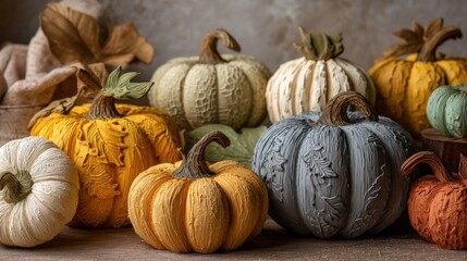 A collection of intricately designed gourds in autumnal colors. These decorative pumpkins make a beautiful centerpiece for the fall season.