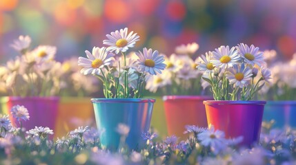 Vibrant floral display in colorful pots, bathed in soft light.