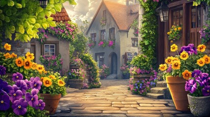 Fototapeta premium A charming, sunlit, European village street lined with vibrant flowers.