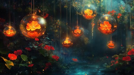 Enchanted floral sphere decorations in a lush forest setting.