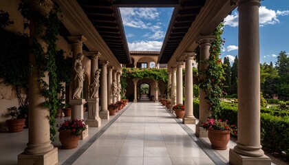 Obraz premium Una impresionante villa romana exhibe un espacioso patio enmarcado por columnas cubiertas de exuberante vegetación. Estatuas bordean elegantemente el sendero, mientras que flores vibrantes añaden toqu
