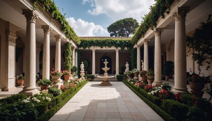 Obraz premium Una impresionante villa romana exhibe un espacioso patio enmarcado por columnas cubiertas de exuberante vegetación. Estatuas bordean elegantemente el sendero, mientras que flores vibrantes añaden toqu
