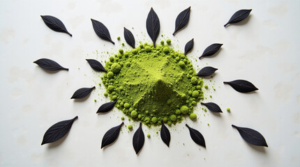 High-contrast illustration of vibrant matcha powder and dark tea leaves on a light gray, concrete-like surface. Minimalist design, strong lighting, green, black, gray colors.