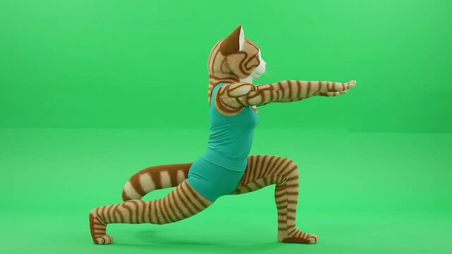 Graceful Humanoid Cat in Yoga Warrior II Pose on Green Screen