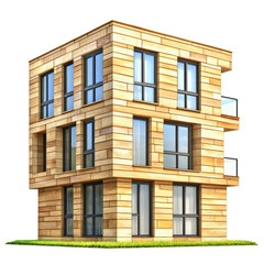 Fototapeta premium Modern multi-story building with large glass and balconies made of beige brick and stone exterior, set on a grassy landscape under clear sky