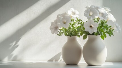 Two simple vases with white petunias in bright sunlight.