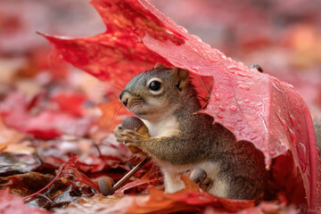 Squirrel in the Rain: Autumn Leaves Umbrella.