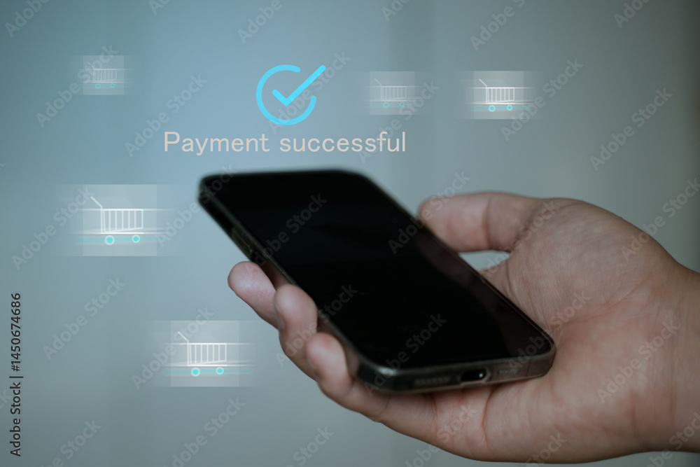 Poster mobile payment success notification with hand holding smartphone and blue checkmark icon in virtual 