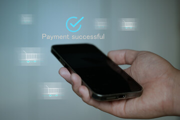 Mobile Payment Success Notification with Hand Holding Smartphone and Blue Checkmark Icon in Virtual...