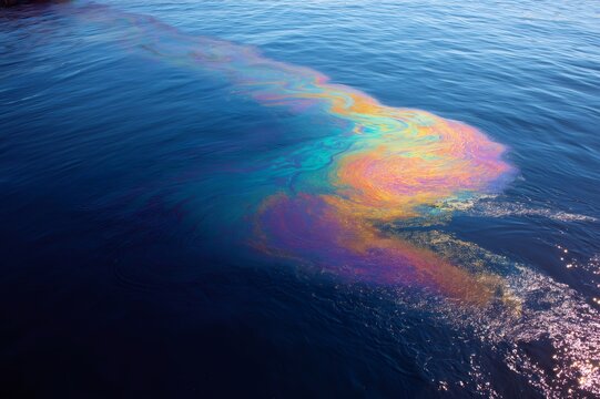 Rainbow colored swirls of an oil spill polluting ocean water, creating an environmental disaster