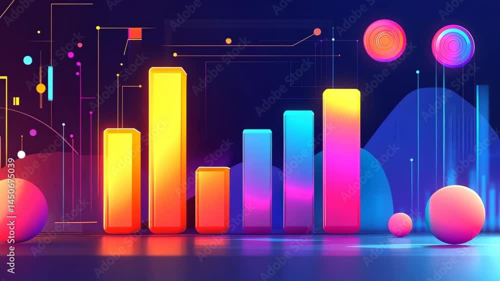 Poster dynamic neon bar chart animation with vibrant colors and floating shapes
