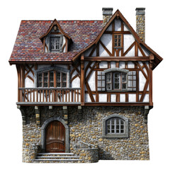 Naklejka premium Traditional European Tudor style house with stone foundation wooden beams and steep gabled roof with dormer and brick chimney in daylight