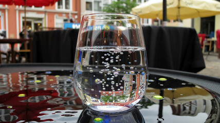A dramatic close-up photograph of a stemless wine glass filled with sparkling water against a black background.