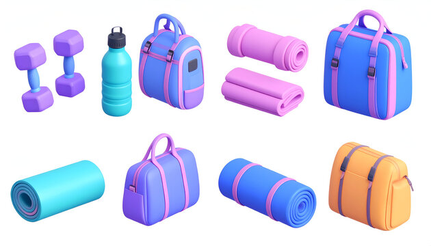 3D icon set of fitness accessories: dumbbells, yoga mat, water bottle, jump rope, fitness tracker, towel, gym bag, protein bar. 3D icon. Rendered in sleek style with white background.