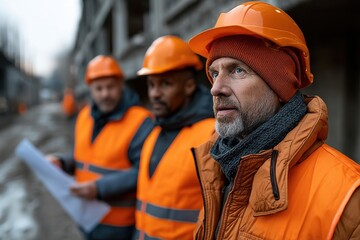 Construction Team in Orange Safety Vests and Helmets Holding Site Meeting – Project Coordination from Above