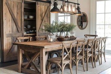 Obraz premium A rustic farmhouse dining room with a large wooden table, vintage chairs, and an industrial light fixture for a warm, inviting feel