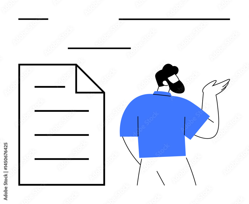 Poster person explaining details next to a document with highlighted lines. ideal for communication, teamwo