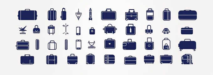 Dark Blue Luggage, Travel Icons with Airline, Bag, and Briefcase on White Backdrop