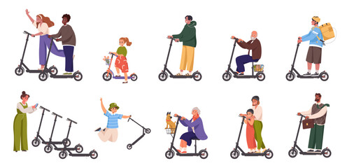 Collection of cartoon people riding electric scooters isolated on white background. Set of young and old men, women and children on modern personal vehicles, kick-scooter. Flat vector illustration.