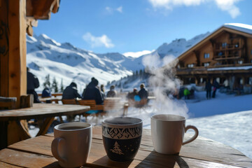 Three steaming mugs on a wooden table at a ski resort with snowy mountain and chalet in the background