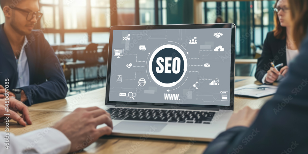 Poster seo search engine optimization for brisk e-commerce and online retail business showing on computer s