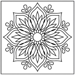 A symmetrical floral mandala, rendered in a black and white line art, evoking a sense of tranquility and balance, perfect for artistic expression and meditation. coloring page