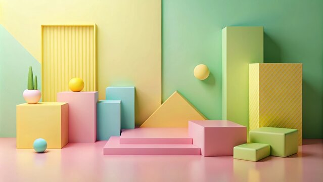 Abstract geometric shapes in pastel colors create a vibrant and playful scene, perfect for showcasing products or branding.