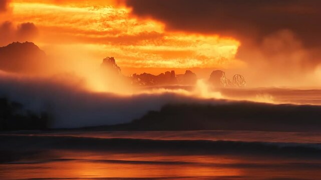 Fiery sunset waves crash against rocky shoreline in dramatic seascape scene
