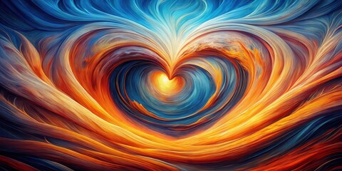 A swirling heart formed by a vibrant interplay of blue, orange, and yellow hues, representing a powerful emotional energy.