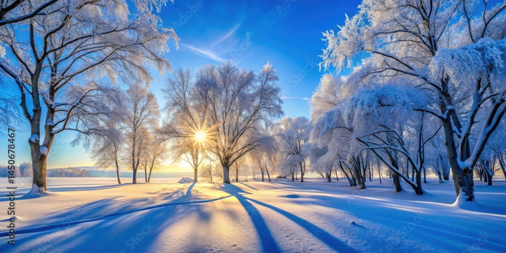 Aufkleber sunlight filters through a snowy forest, casting long shadows on a pristine blanket of white