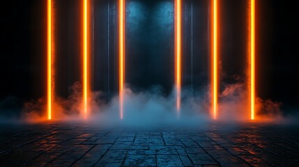 Fototapeta premium Blue-black dark street background with vertical neon orange light shafts, dusty smoke hovering above textured floor,