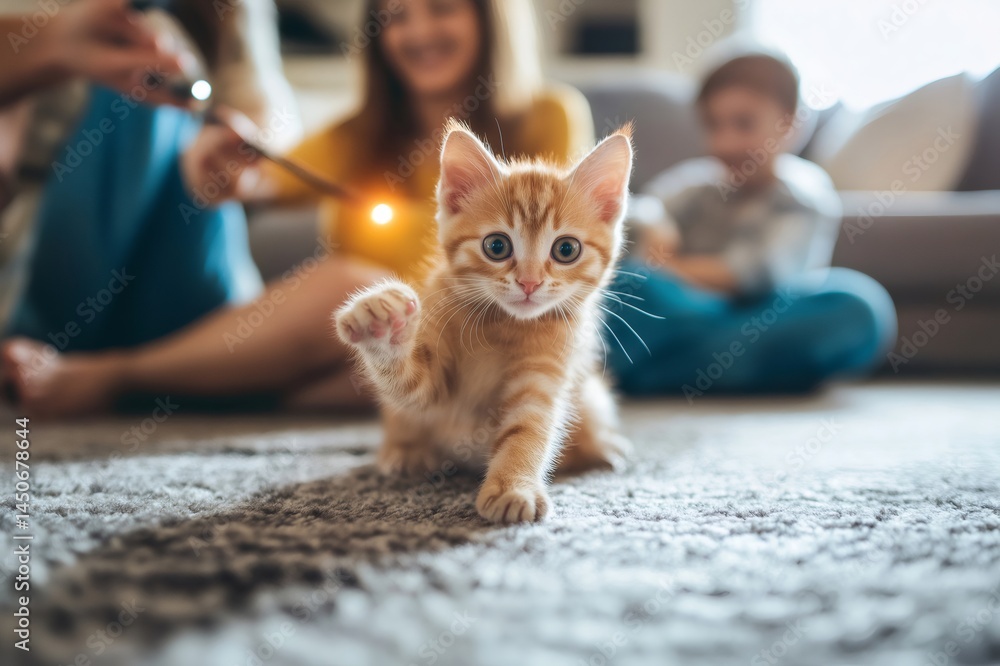 Aufkleber adorable ginger kitten playing excitedly with a laser pointer on a soft carpet, while a joyful famil