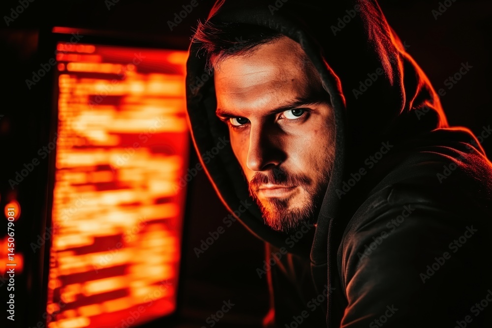 Poster intense hacker focused on computer screen illuminates dark room with orange glow and highlighted cod
