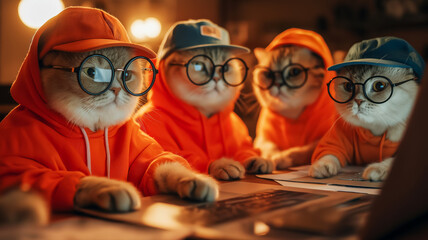 Team of cats programmers in glasses gathered for planning meeting discussing project, team cats freelancers during meeting, funny moment perfect humorous concept for memes remote work announcements