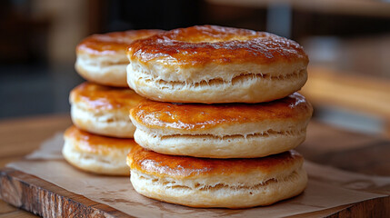 A stack of four golden brown, puffy, round pastries on a wooden board