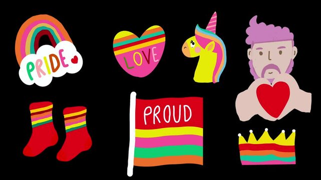 Cute animated LGBTQ pride cartoon set with rainbow, unicorn, hearts, flag, and joyful symbolic elements

