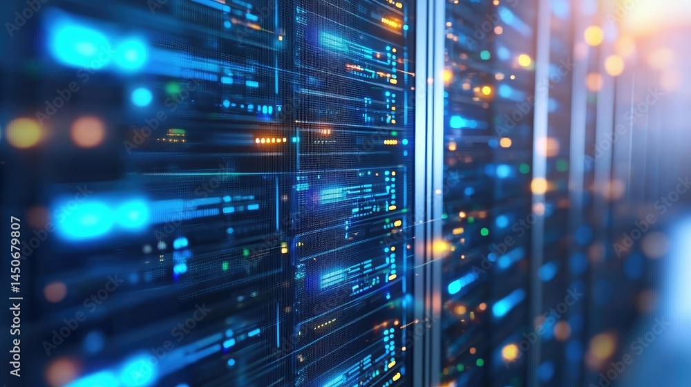 Fototapete symmetrical view of digital servers with blue lighting in a quiet room, great for tech operations, i