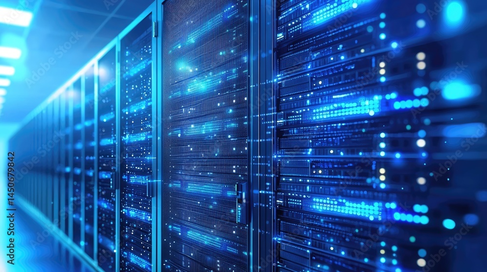 Poster blue-glowing data infrastructure in a modern server hall, suitable for advanced cloud technology, ba