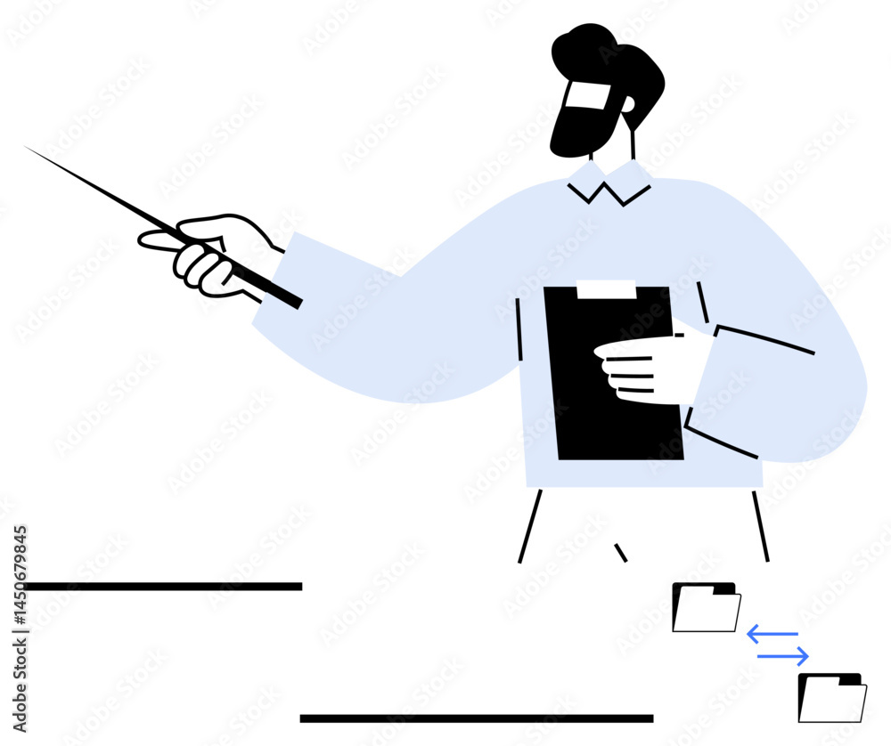 Poster person holding a clipboard points with a stick, explaining concepts. minimalist design with focus on