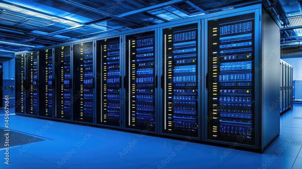 Poster Advanced server facility with LED-lit racks and futuristic layout, ideal for visualizing digital networks, virtual data systems, and AI platforms
