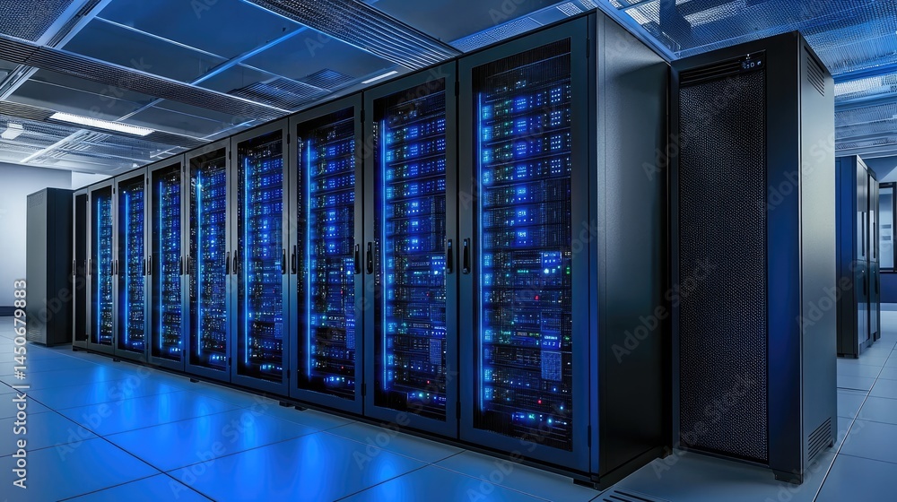 Poster data center with modern hardware glowing in ambient blue, excellent for visual content in it managem