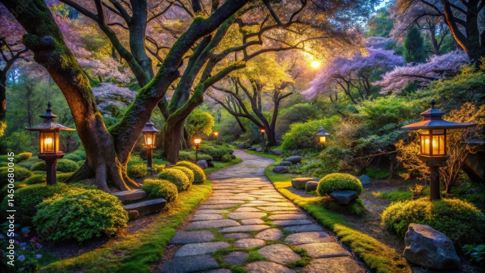 Poster a winding stone path illuminated by lanterns leads through a lush garden, dappled with sunlight and 