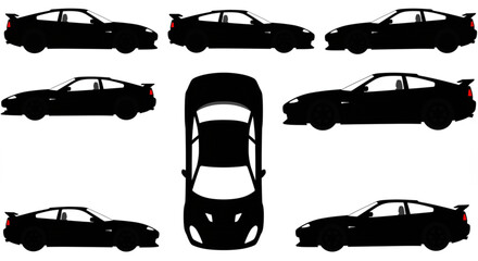 Sports car silhouette on white background. Vehicle icons set view from side, front, back, and top