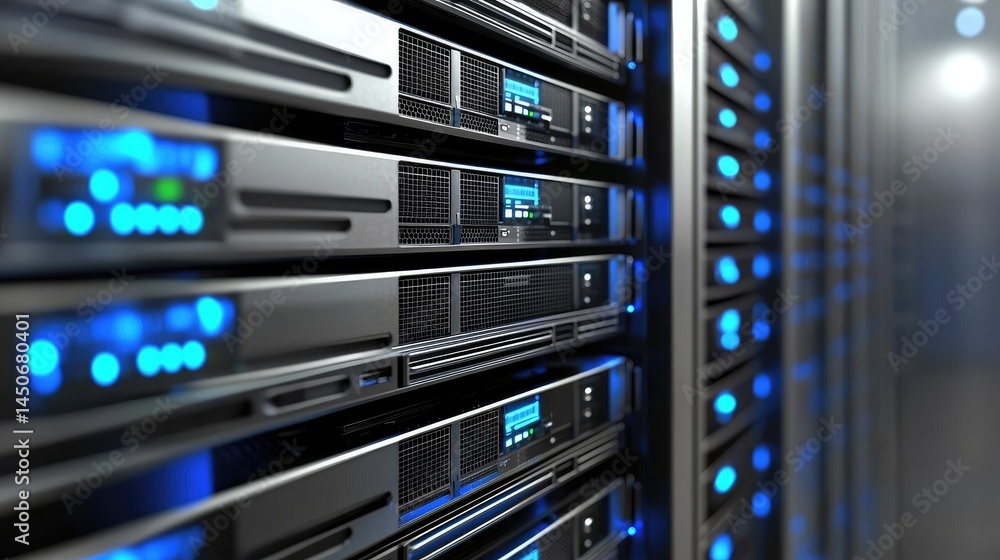 Aufkleber Digital server room design with glowing cables and blue-lit cabinets, great for online platforms, infrastructure support, and data visualization