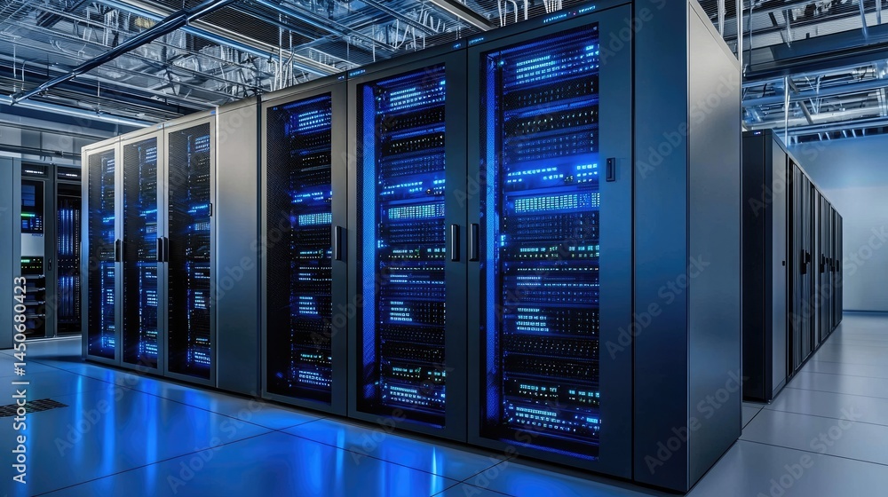 Poster blue led-lit server panels aligned in a quiet room, ideal for tech product showcases, managed infras